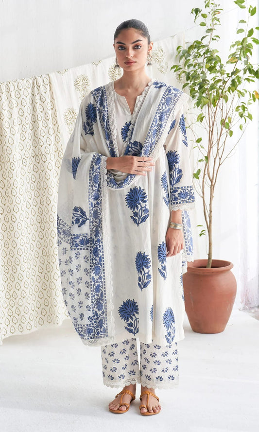 White Block Printed Jaipuri Cotton Kurta Set
