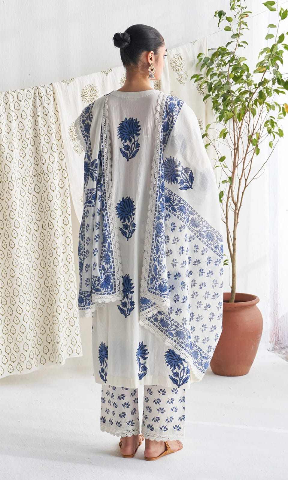 White Block Printed Jaipuri Cotton Kurta Set