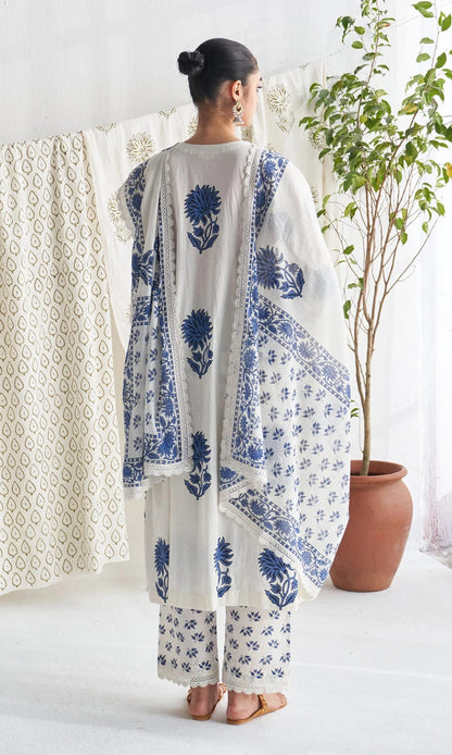 White Block Printed Jaipuri Cotton Kurta Set