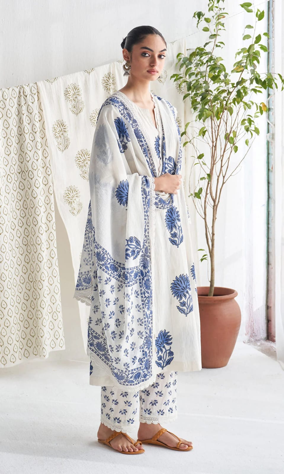 White Block Printed Jaipuri Cotton Kurta Set