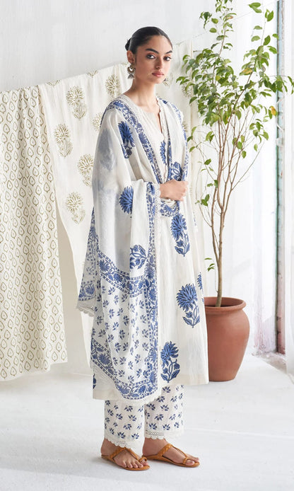 White Block Printed Jaipuri Cotton Kurta Set