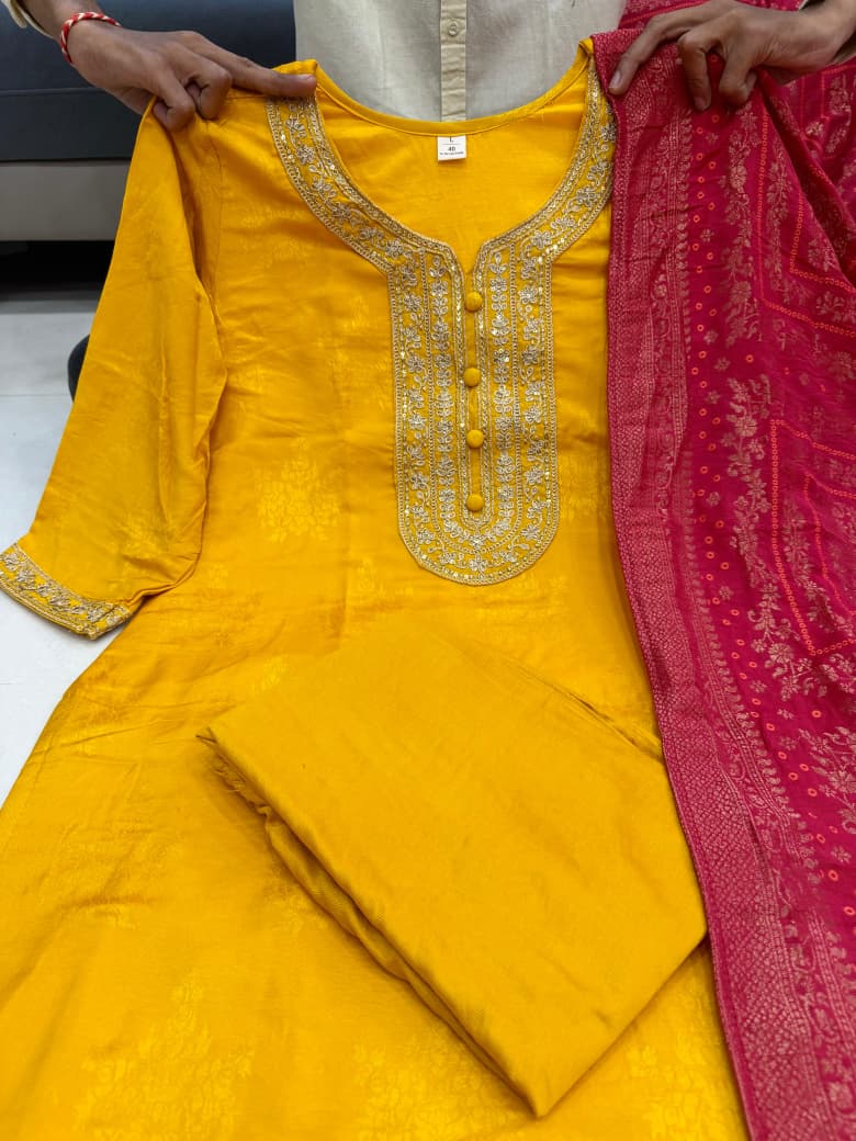 Designer Yellow Banarasi Suit Set