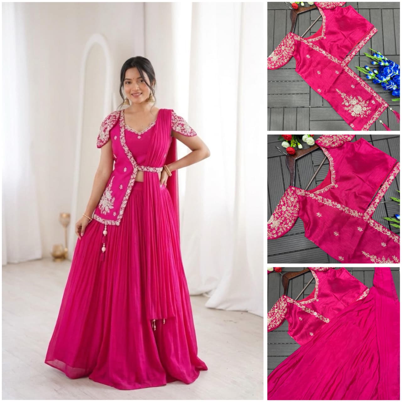 Partywear Chinon Pink Lehenga Choli With Jacket