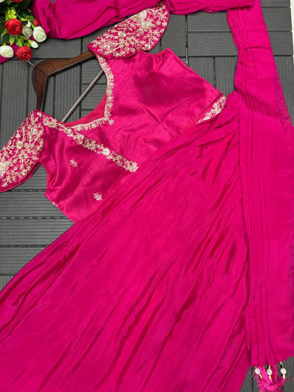Partywear Chinon Pink Lehenga Choli With Jacket