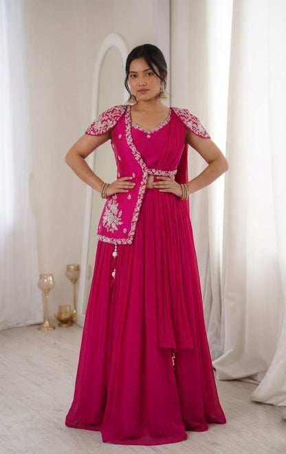 Partywear Chinon Pink Lehenga Choli With Jacket