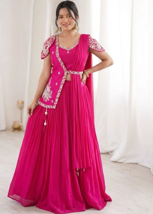 Partywear Chinon Pink Lehenga Choli With Jacket