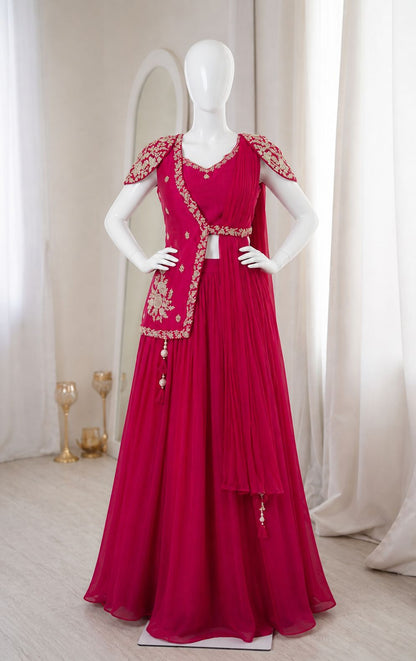 Partywear Chinon Pink Lehenga Choli With Jacket