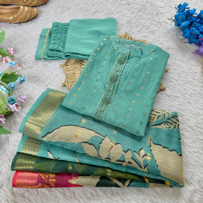 Elegant Chanderi Kurta Set With Designer Dupatta