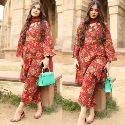 Graceful Red Embroidered Cotton Kurta Set
