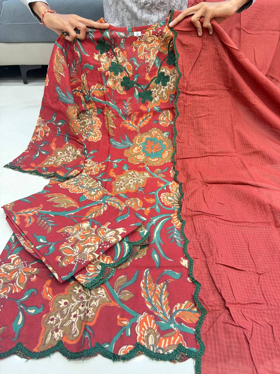 Graceful Red Embroidered Cotton Kurta Set