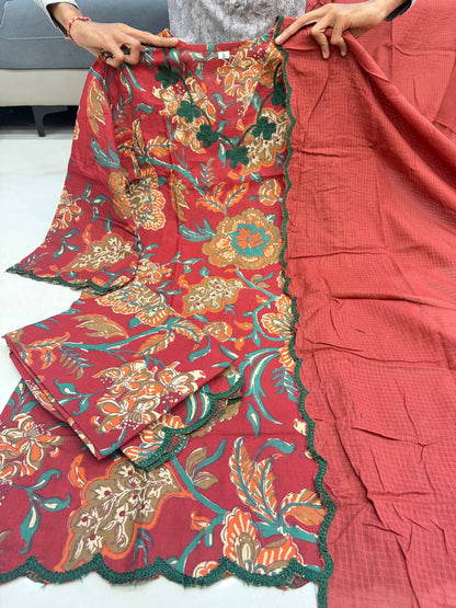 Graceful Red Embroidered Cotton Kurta Set