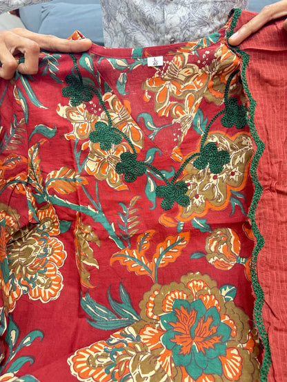 Graceful Red Embroidered Cotton Kurta Set
