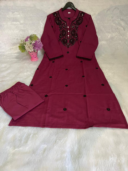 Charming Yoke Embroidery Kurti Afghani Pant Set