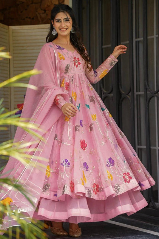 Designer Floral Pink Gown Sharara Set