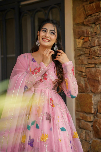 Designer Floral Pink Gown Sharara Set
