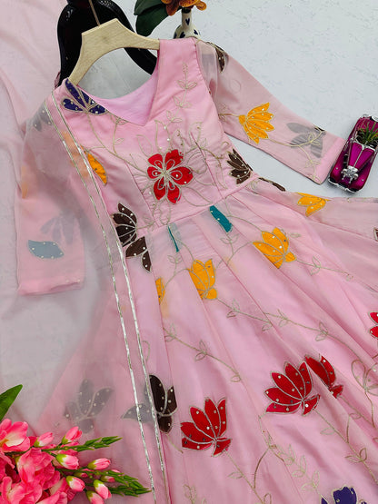Designer Floral Pink Gown Sharara Set