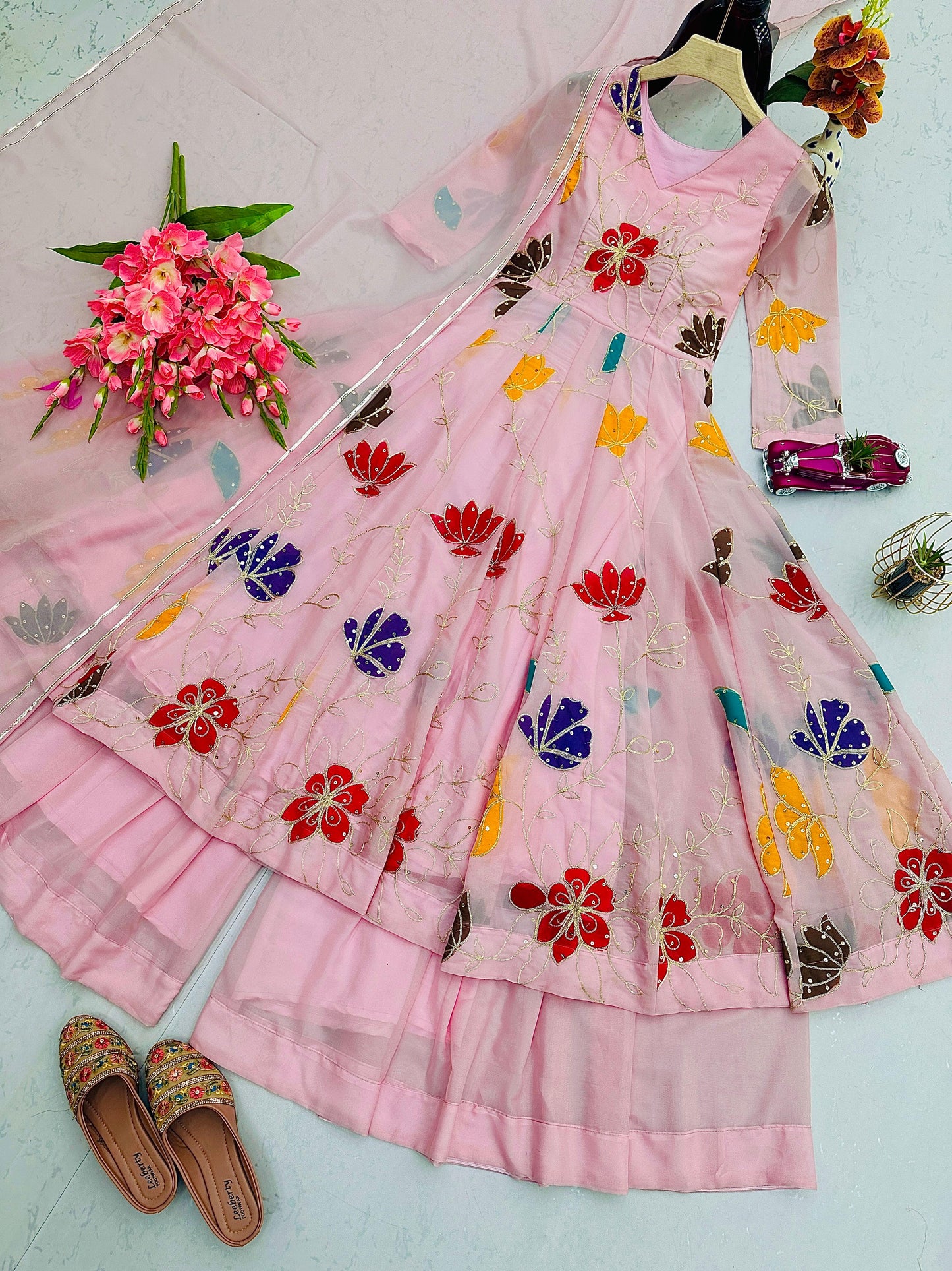 Designer Floral Pink Gown Sharara Set