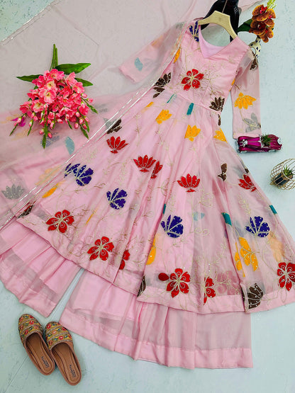 Designer Floral Pink Gown Sharara Set