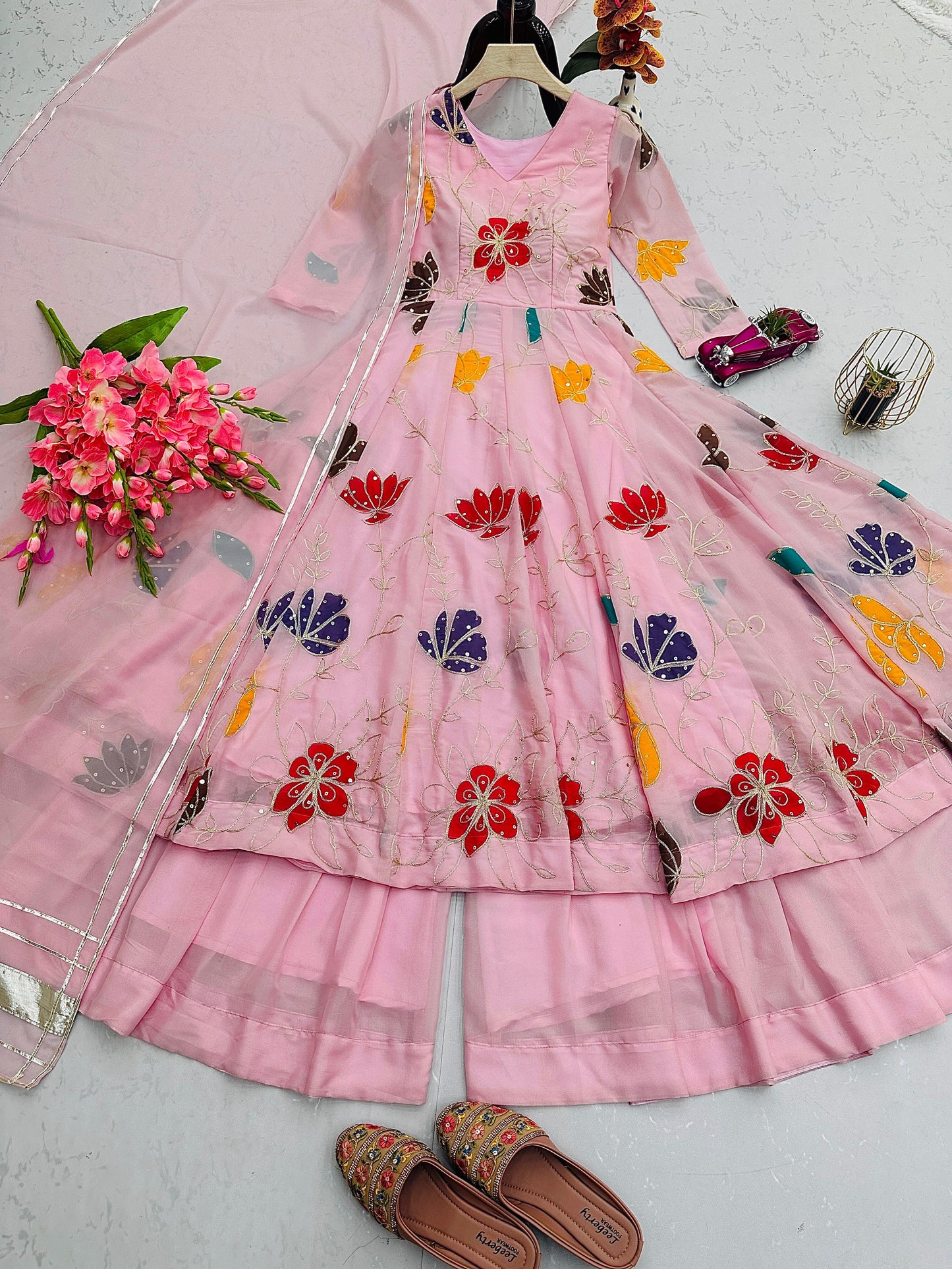 Designer Floral Pink Gown Sharara Set