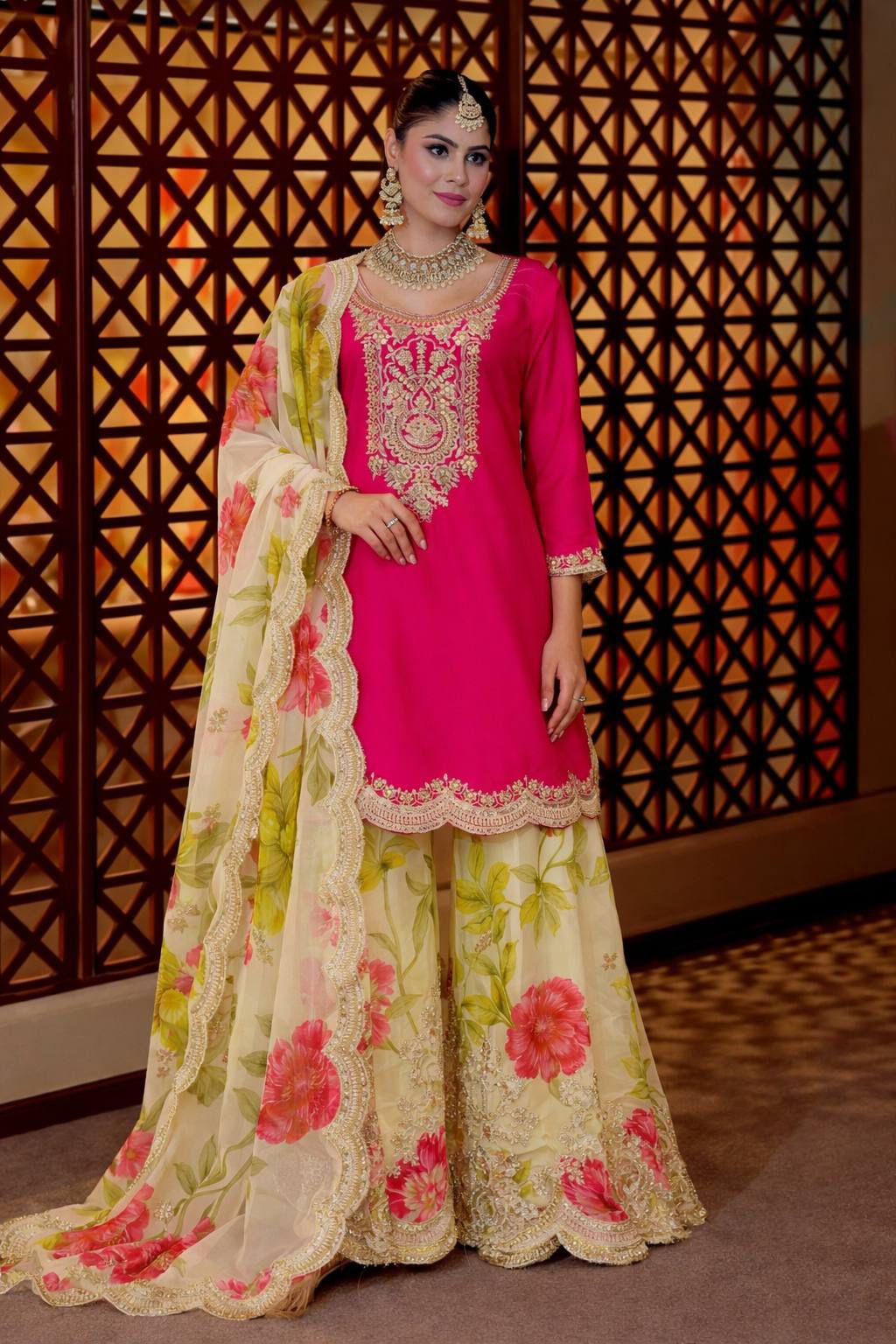 Stunning Designer Chinon Kurti Plazzo Set