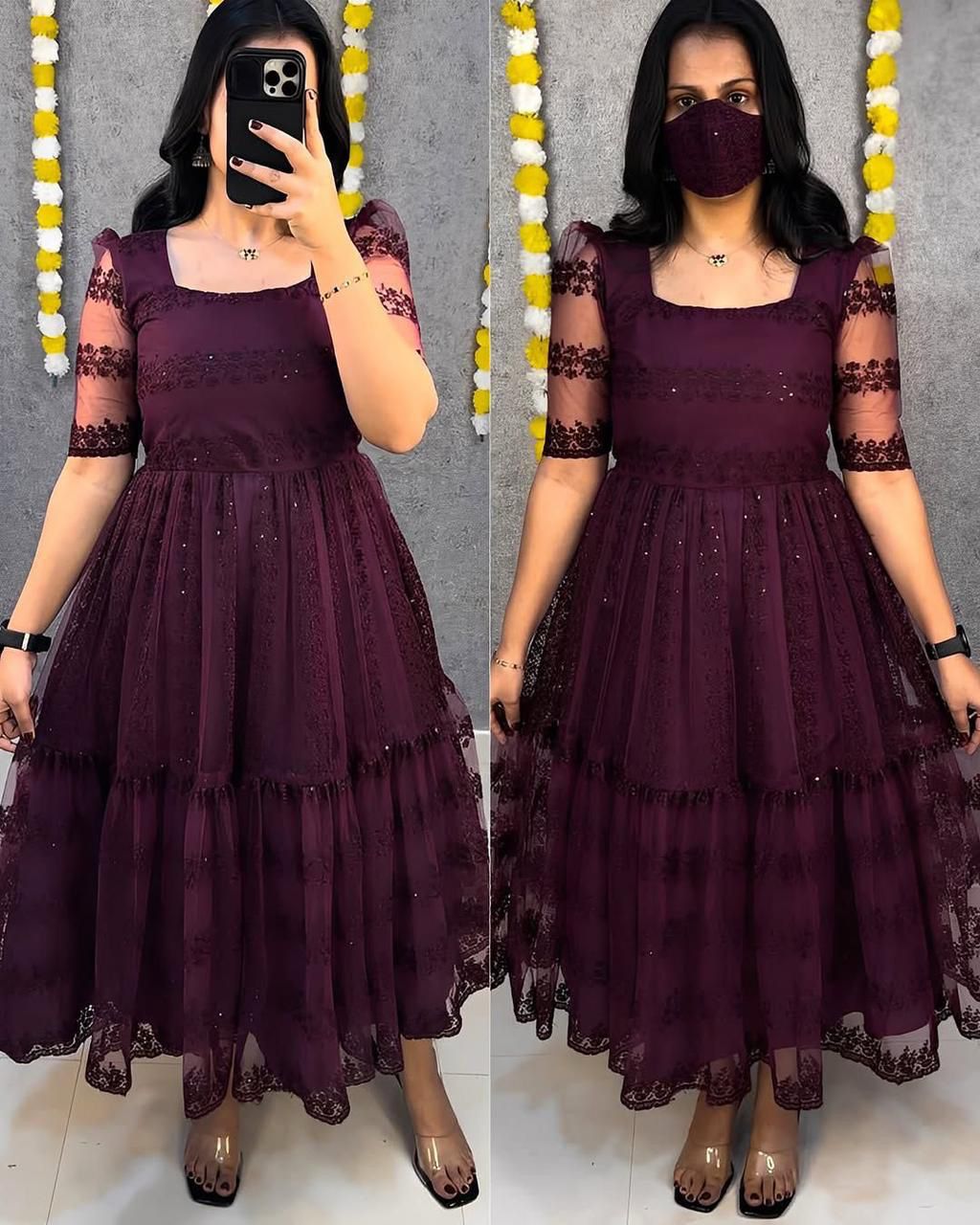 Party Wear Net And Sequence Embroidery Dress (Plus Size Available)