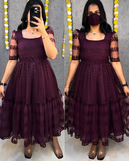 Party Wear Net And Sequence Embroidery Dress (Plus Size Available)
