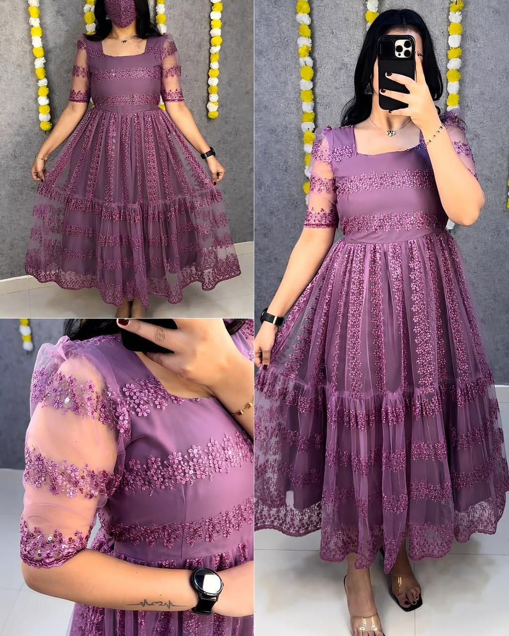 Party Wear Net And Sequence Embroidery Dress (Plus Size Available)