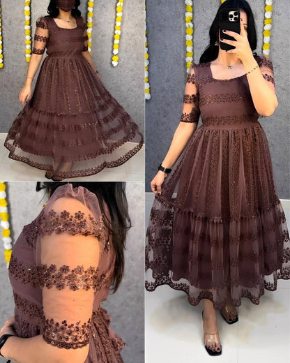 Party Wear Net And Sequence Embroidery Dress (Plus Size Available)