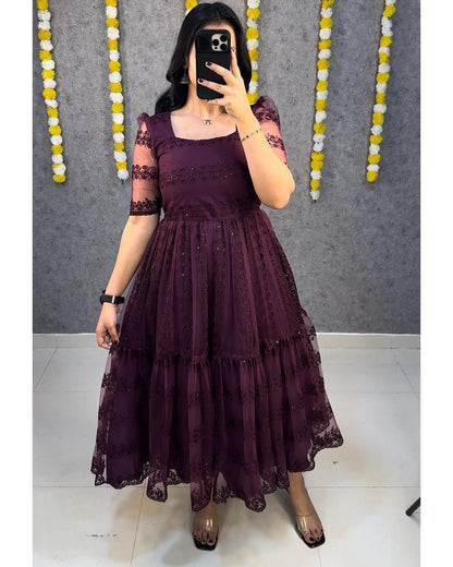 Party Wear Net And Sequence Embroidery Dress (Plus Size Available)