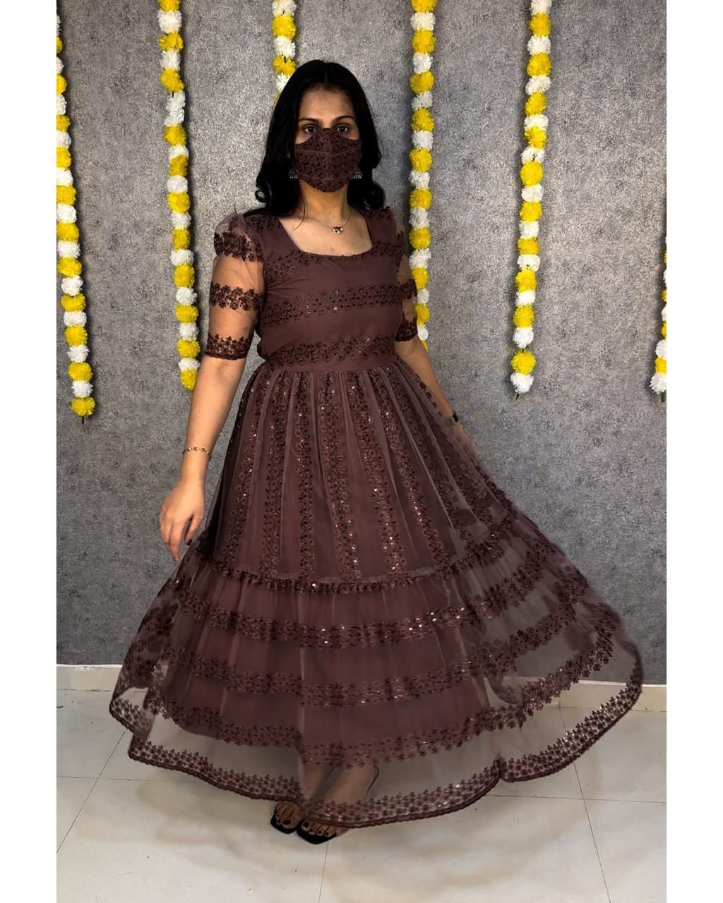 Party Wear Net And Sequence Embroidery Dress (Plus Size Available)