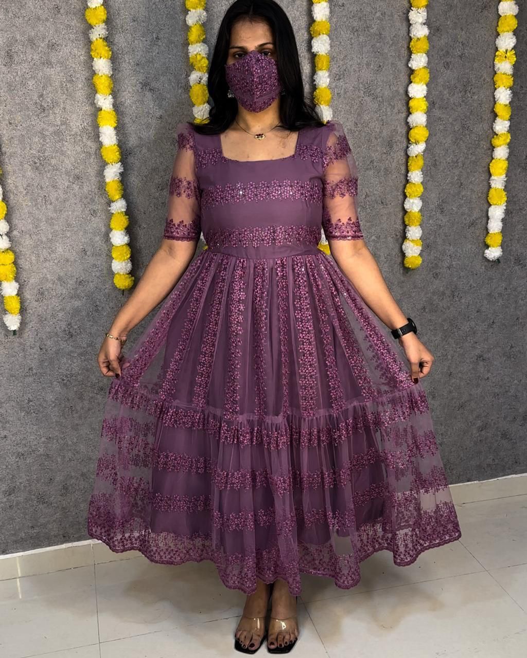 Party Wear Net And Sequence Embroidery Dress (Plus Size Available)