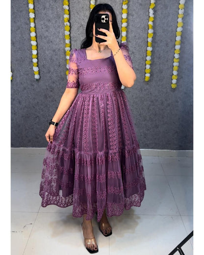 Party Wear Net And Sequence Embroidery Dress (Plus Size Available)