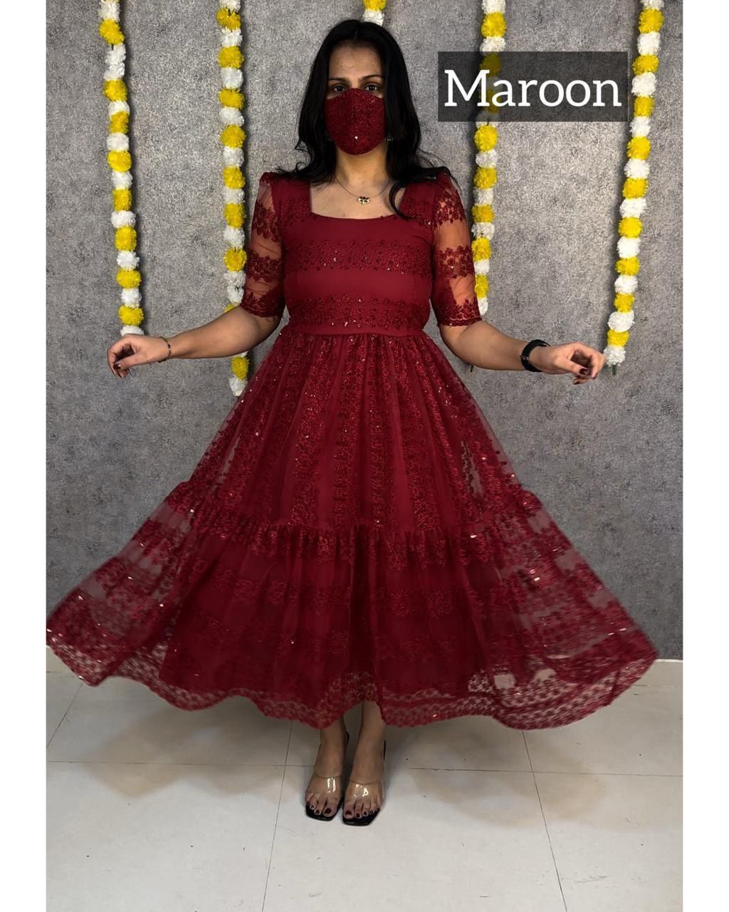 Party Wear Net And Sequence Embroidery Dress (Plus Size Available)