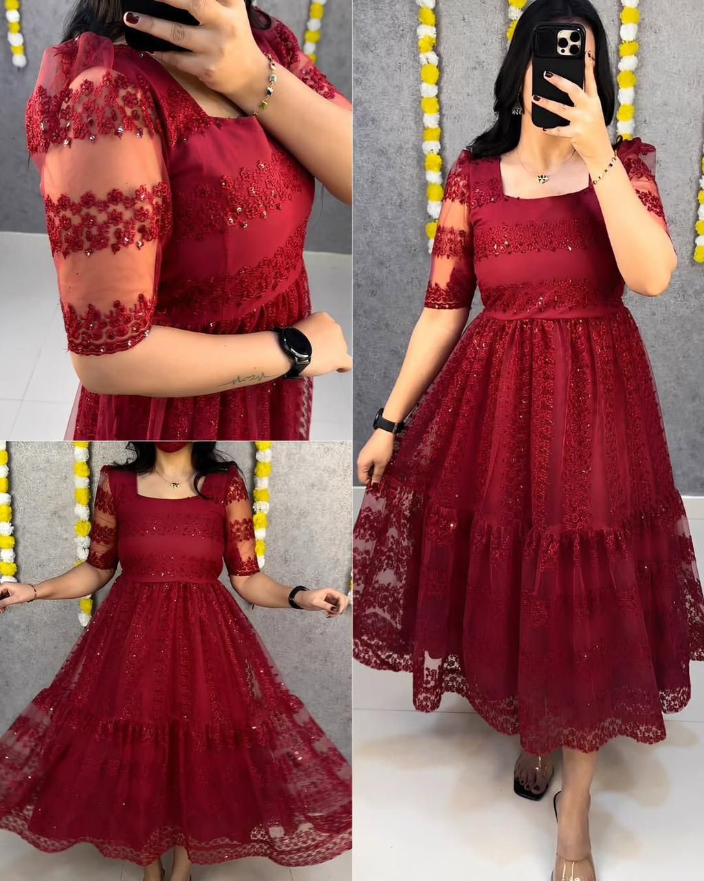 Party Wear Net And Sequence Embroidery Dress (Plus Size Available)