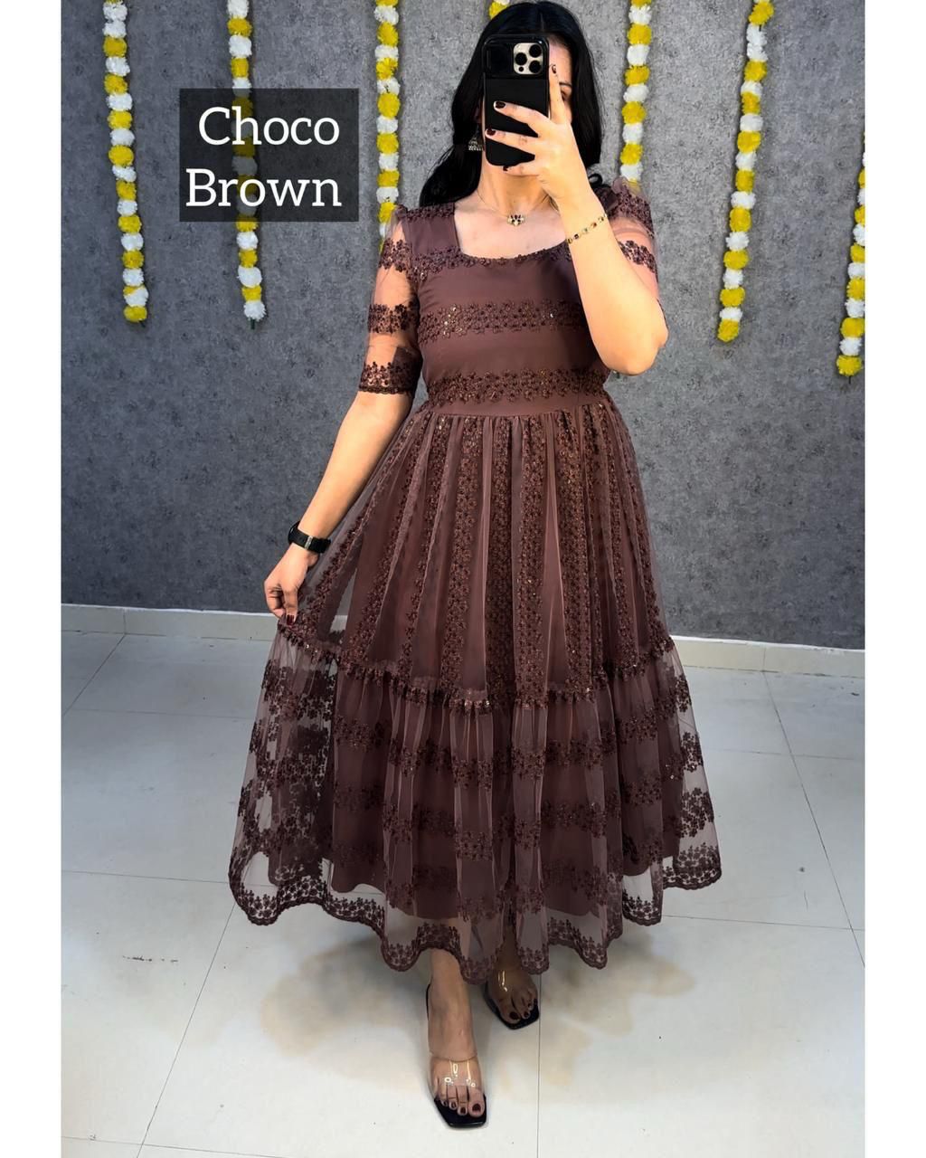 Party Wear Net And Sequence Embroidery Dress (Plus Size Available)