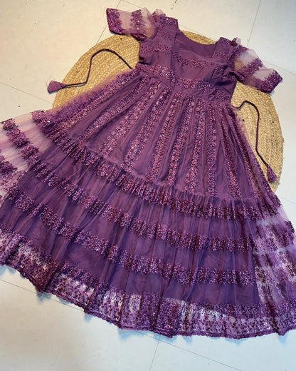 Party Wear Net And Sequence Embroidery Dress (Plus Size Available)