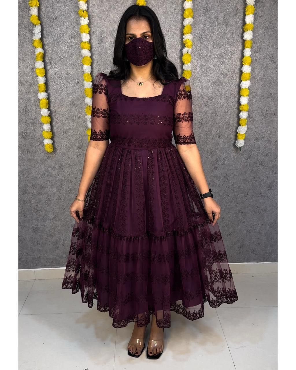 Party Wear Net And Sequence Embroidery Dress (Plus Size Available)