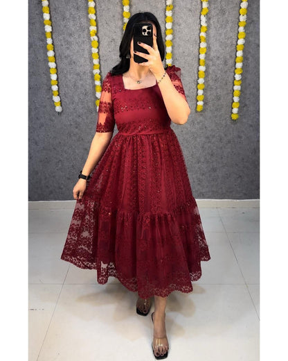Party Wear Net And Sequence Embroidery Dress (Plus Size Available)