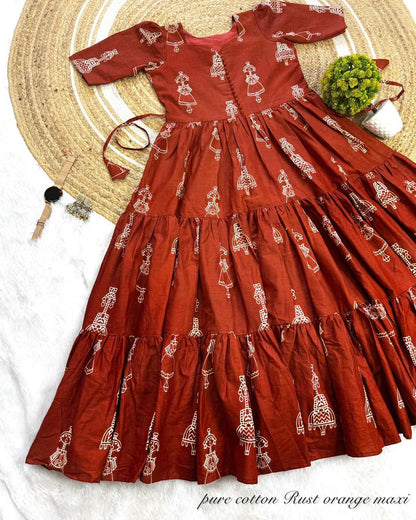 Warli Art Hand Block Cotton Maxi Dress
