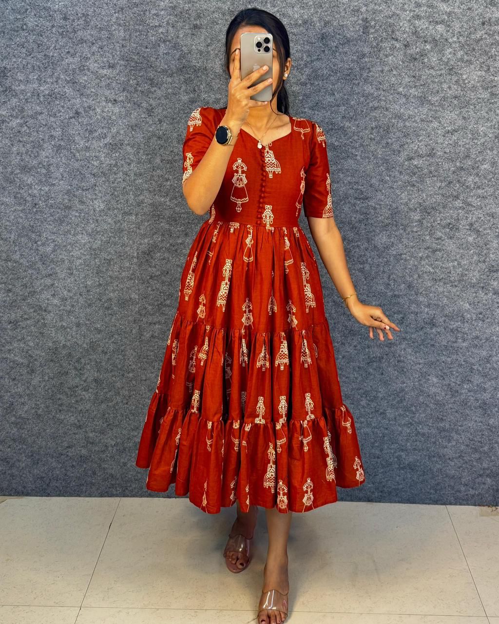 Warli Art Hand Block Cotton Maxi Dress