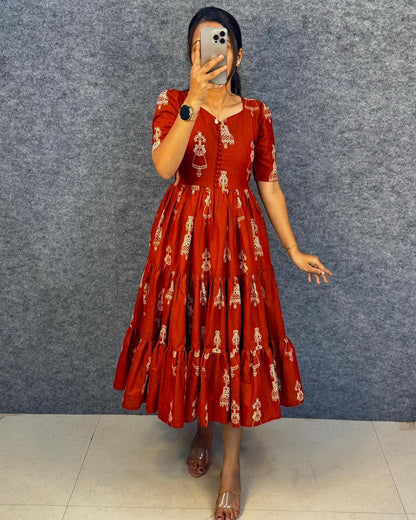 Warli Art Hand Block Cotton Maxi Dress