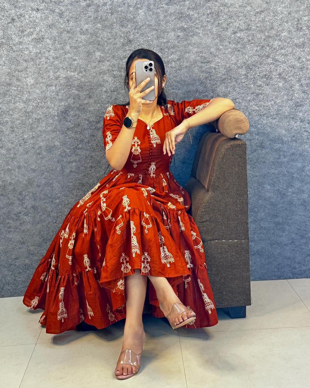 Warli Art Hand Block Cotton Maxi Dress