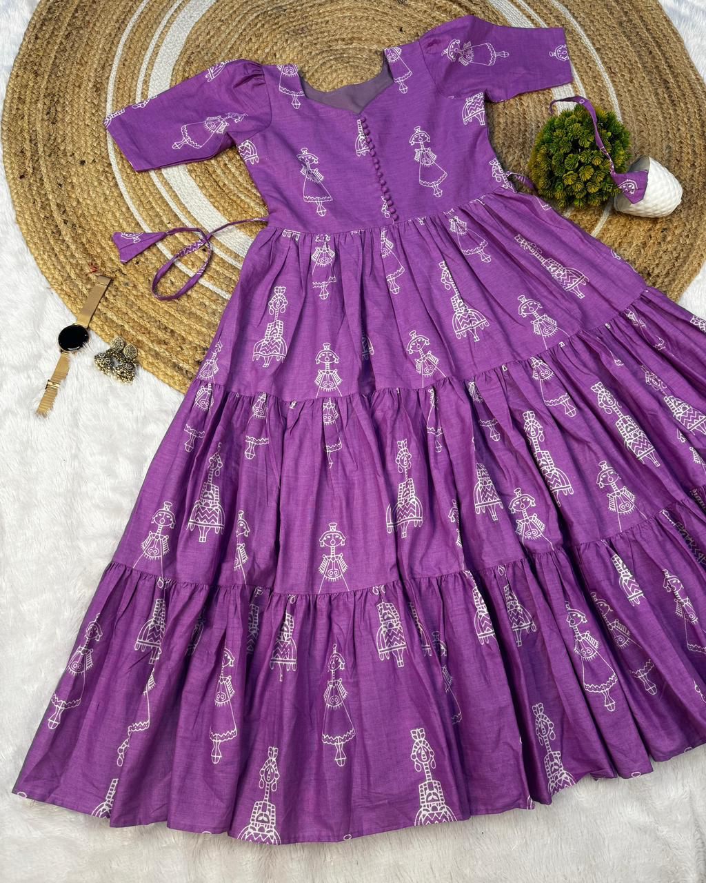 Warli Art Hand Block Cotton Maxi Dress