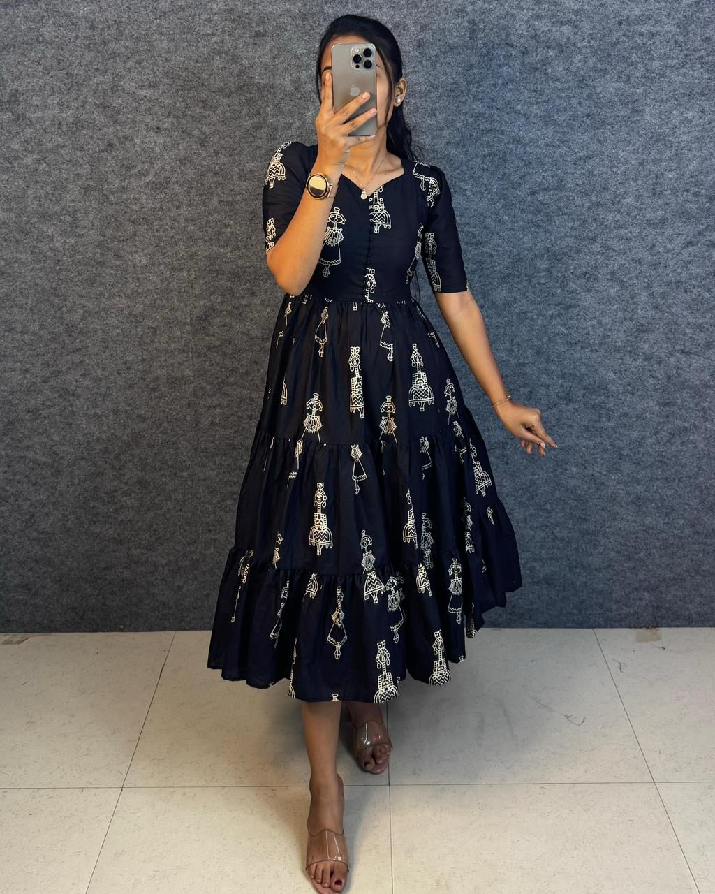 Warli Art Hand Block Cotton Maxi Dress
