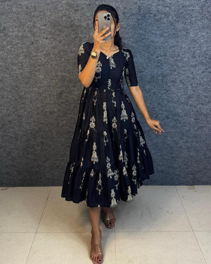 Warli Art Hand Block Cotton Maxi Dress