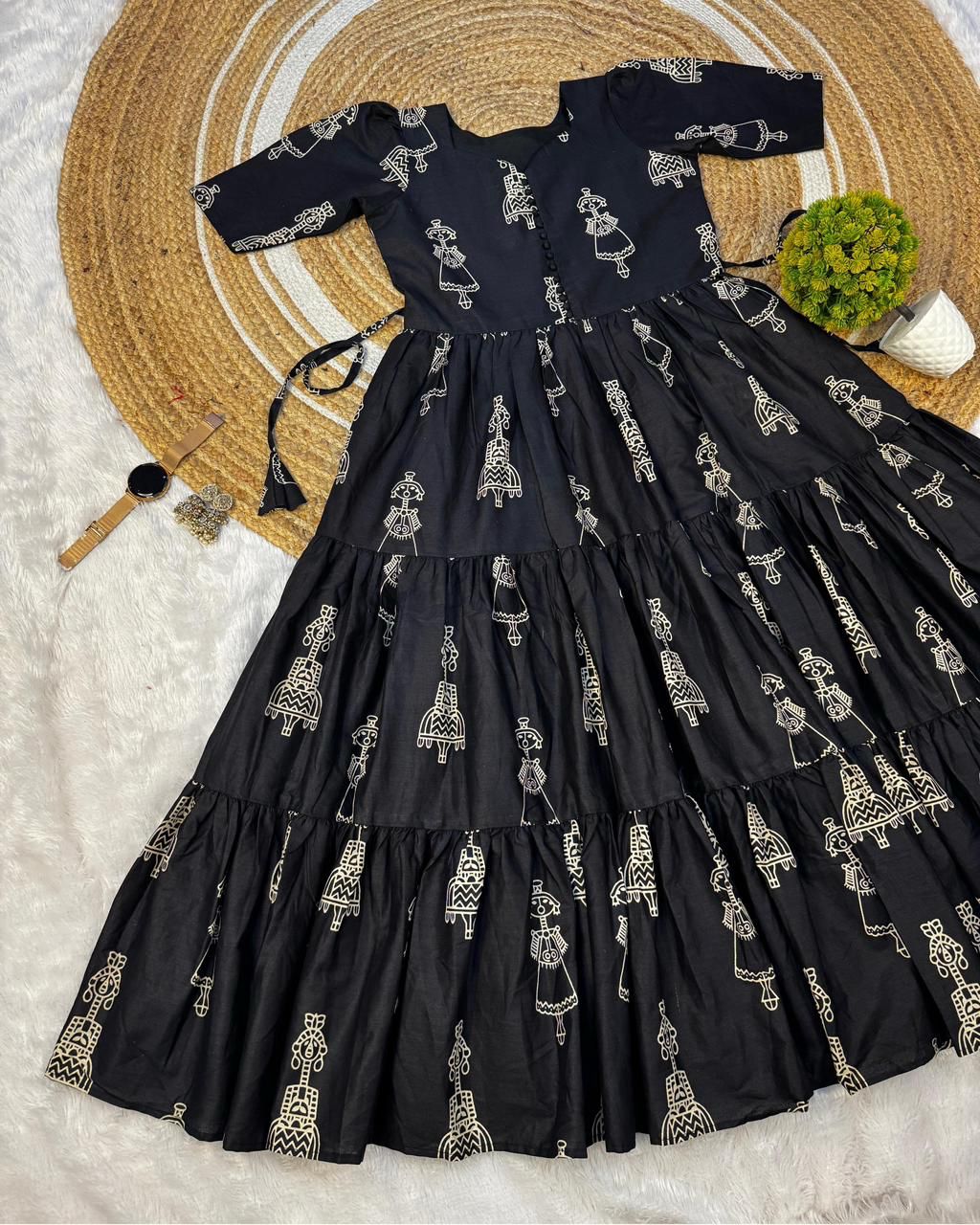 Warli Art Hand Block Cotton Maxi Dress