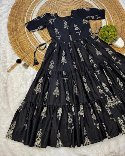 Warli Art Hand Block Cotton Maxi Dress