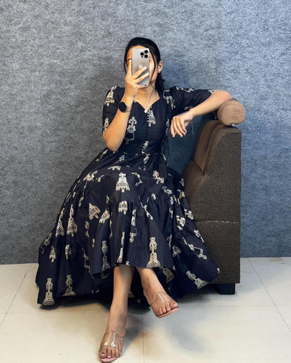 Warli Art Hand Block Cotton Maxi Dress