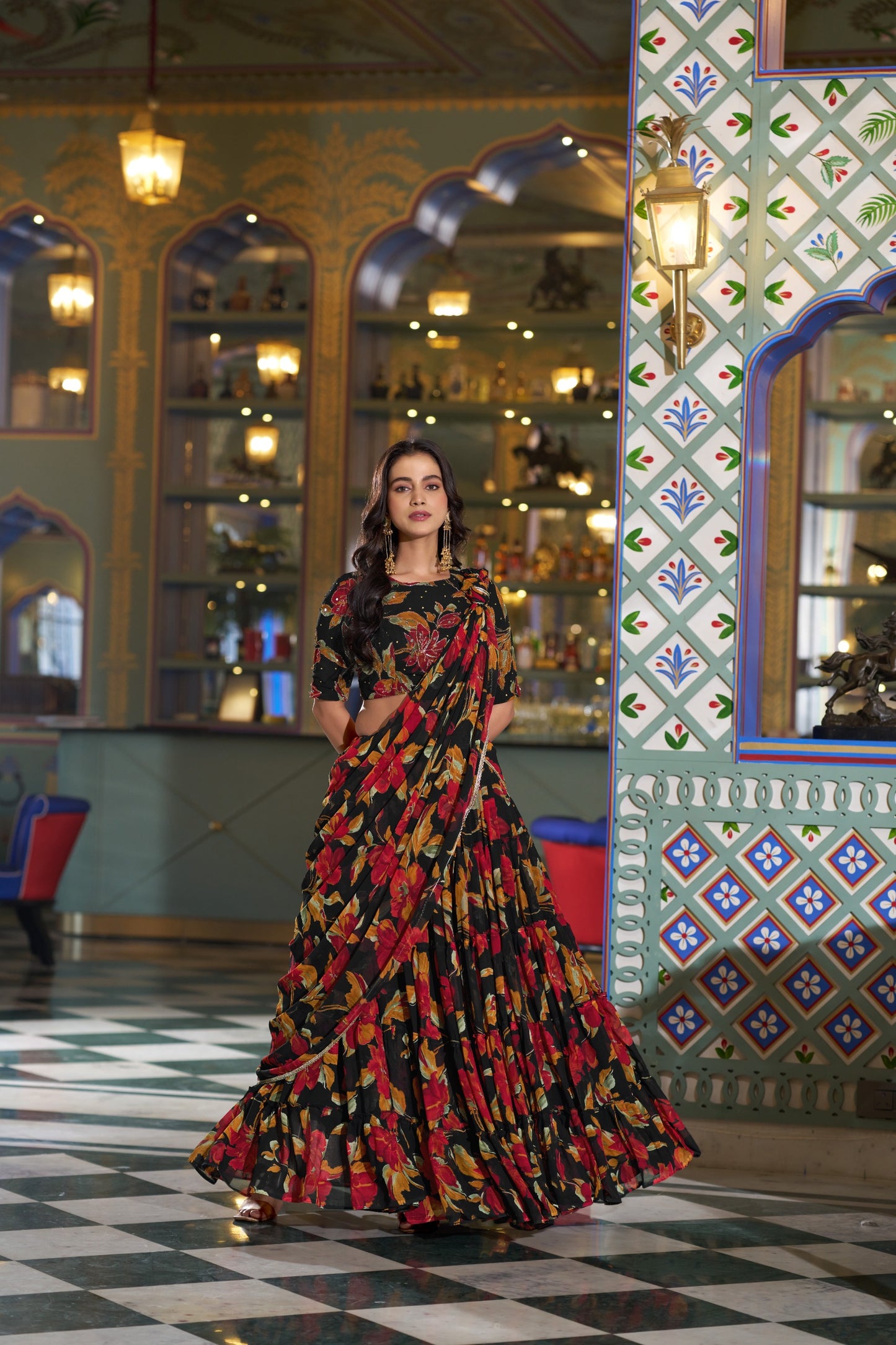 Floral Printed Marble Lehenga Set