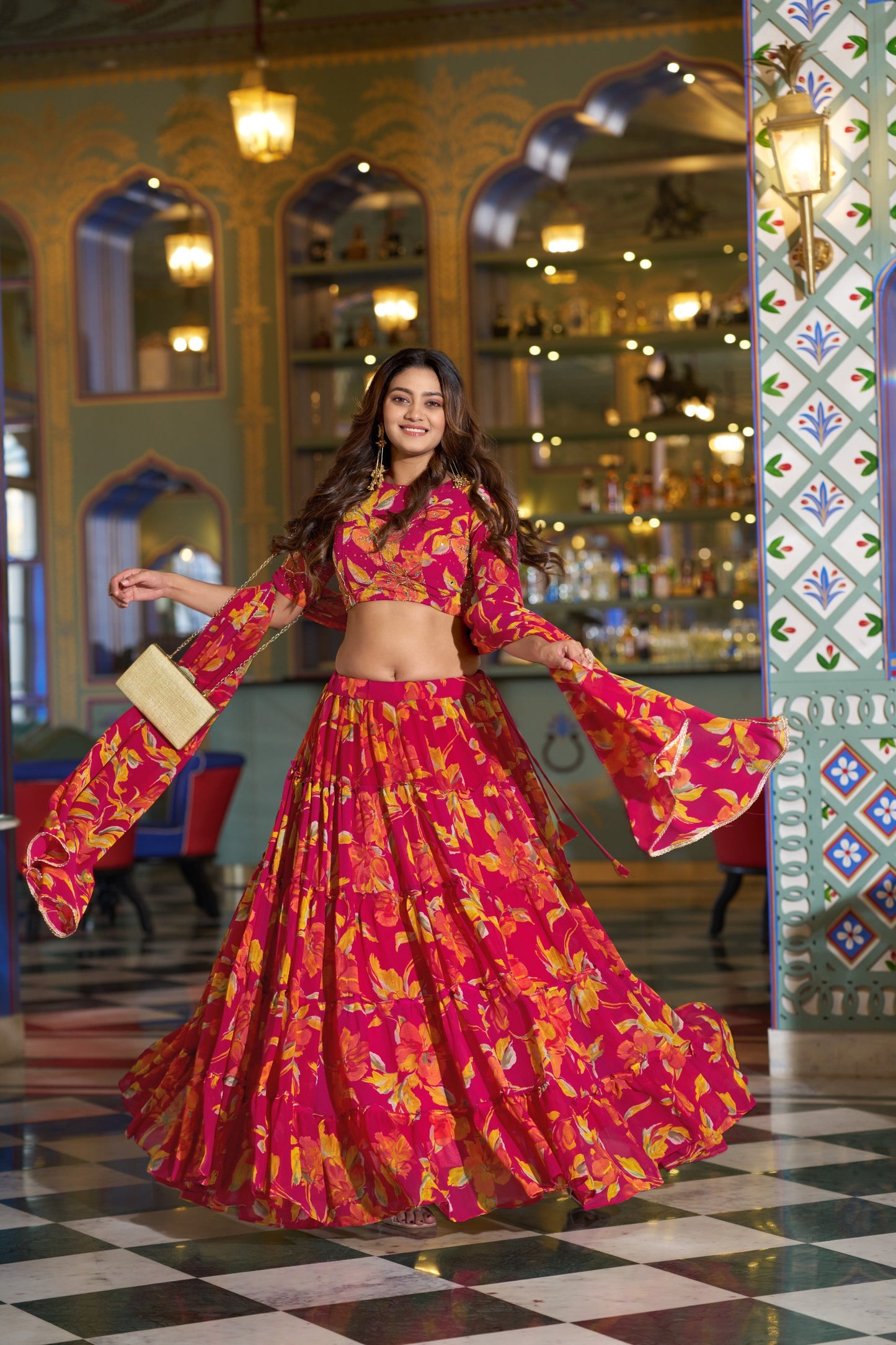 Floral Printed Marble Lehenga Set